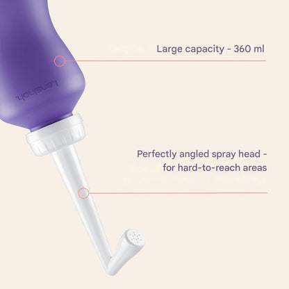 Irigator pentru igiena intima, 360 ml, curatare delicata si igienica pentru zona intima sensibila, sticla flexibila pentru stoarcere usoara, cap retractabil, portabil, alternativa sustenabila la hartia igienica, ideal postpartum