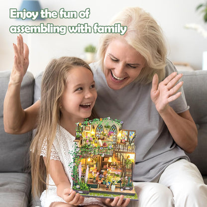 Puzzle 3D Book Nook DIY Garden House, casuta in miniatura cu lumini LED 22 x 17 x 23 cm, accesoriu decorativ