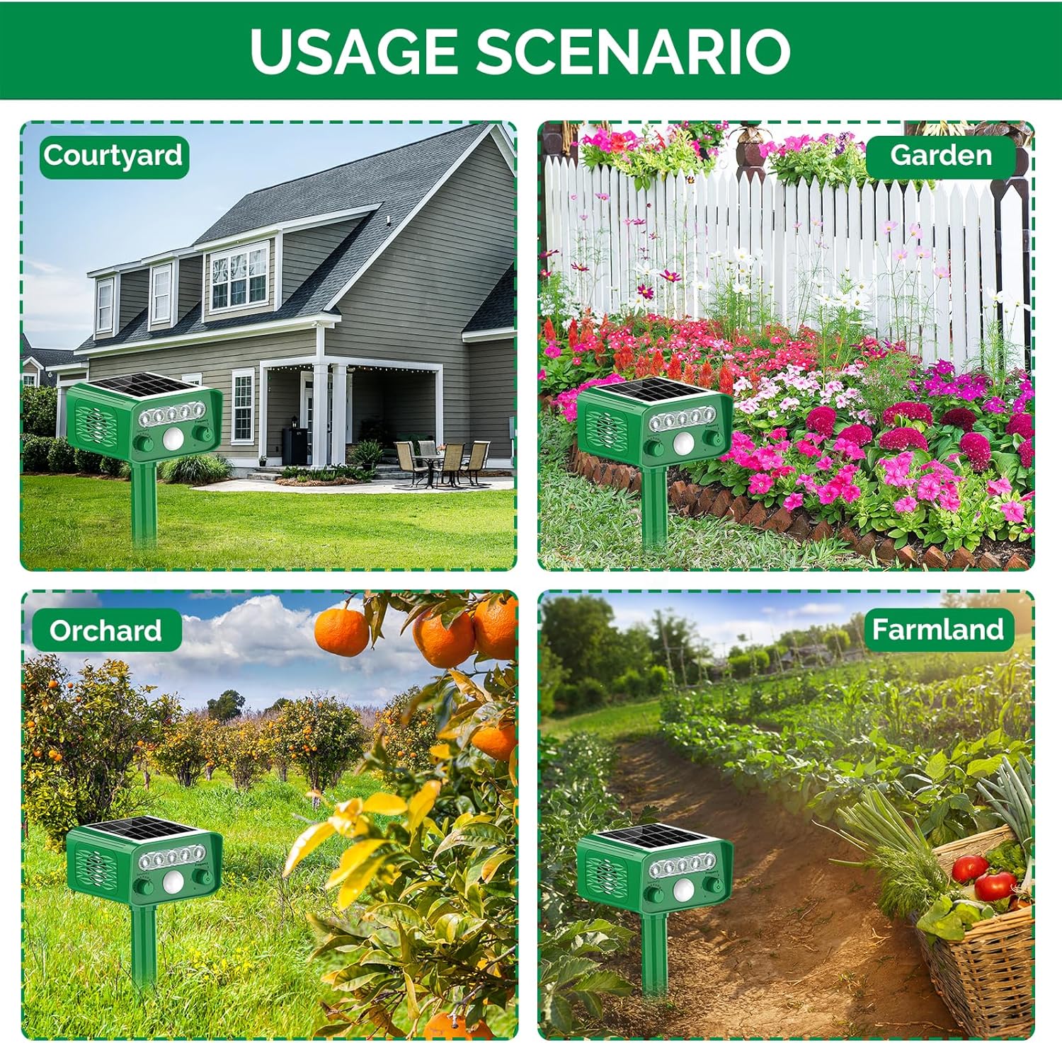 Dispozitiv cu ultrasunete anti-daunatori, cu panou solar, lumini LED, 5 moduri ajustabile, impotriva animalelor salbatice, anti rozatoare, caini, pisici, incarcare solara si USB, impermeabil IP65, verde