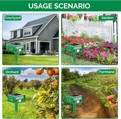 Dispozitiv cu ultrasunete anti-daunatori, cu panou solar, lumini LED, 5 moduri ajustabile, impotriva animalelor salbatice, anti rozatoare, caini, pisici, incarcare solara si USB, impermeabil IP65, verde