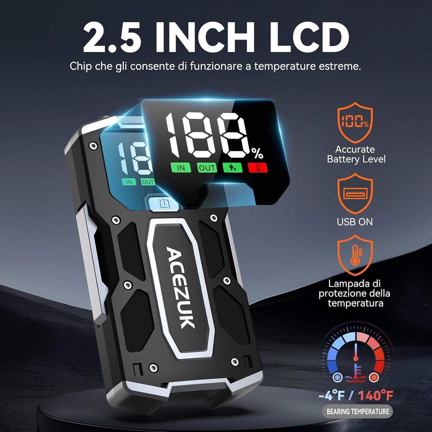 Starter auto portabil, jump starter 4000 A, robot de pornire cu functie powerbank, 12800 mAh, lanterna LED, ecran LCD, pana la 7 litri benzina si 5.5 litri diesel 12V, multifunctional