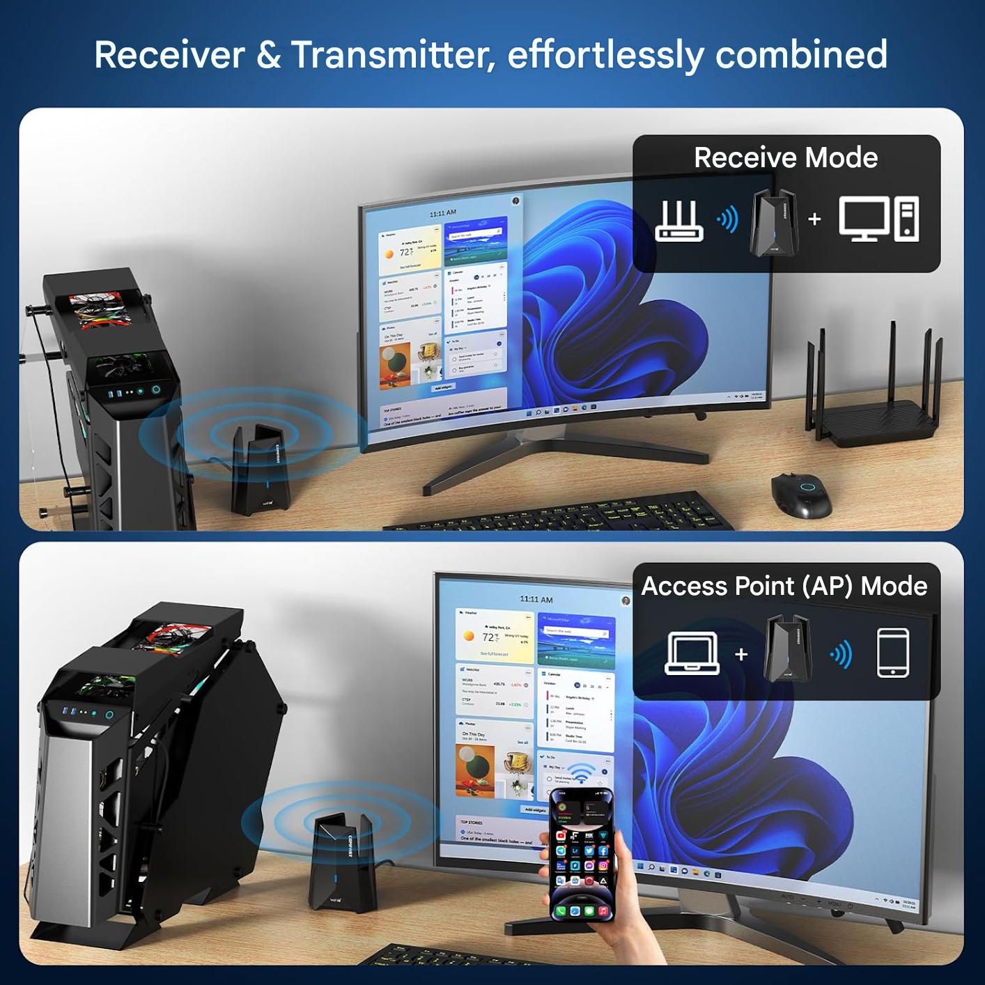 Adaptor USB WiFi 7 COMFAST 6500Mbps, Stick WLAN Tri-Band cu USB 3.0, MU-MIMO, OFDMA si WPA3, Dongle Wireless Plug & Play fara Driver pentru PC si Laptop cu Windows 10/11, cu antena integrata, negru