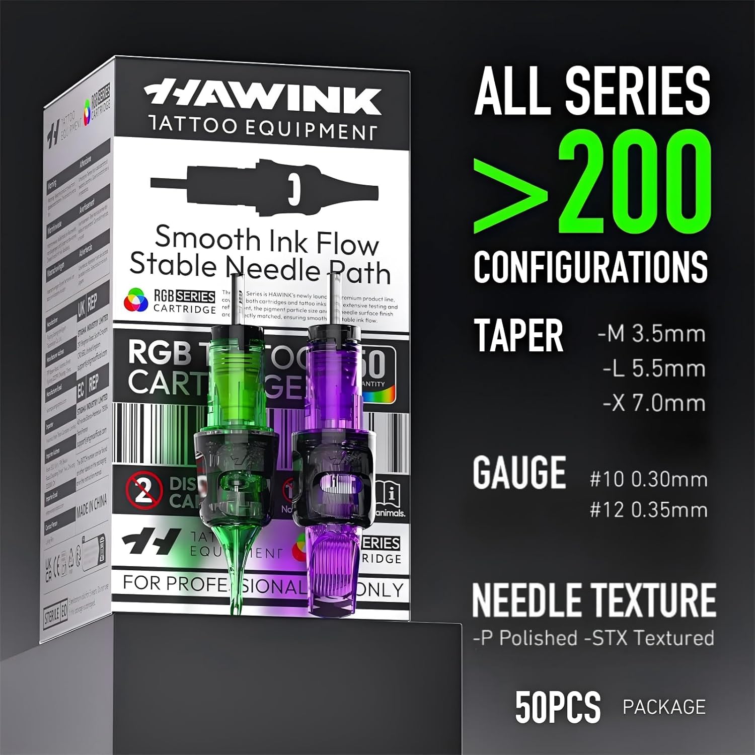 Set 50 ace de tatuat profesionale HAWINK unica folosinta #10 Bugpin rotunde Liner/Shader/Magnum 0, 30 mm, 10 tipuri modul ace 3RL, 5RL, 7RL, 3RS, 5RS, 7RM, 9RM, 11RM, 13RM, 15RM din otel inoxidabil – accesorii profesionale EN20-FG-50KIT-N