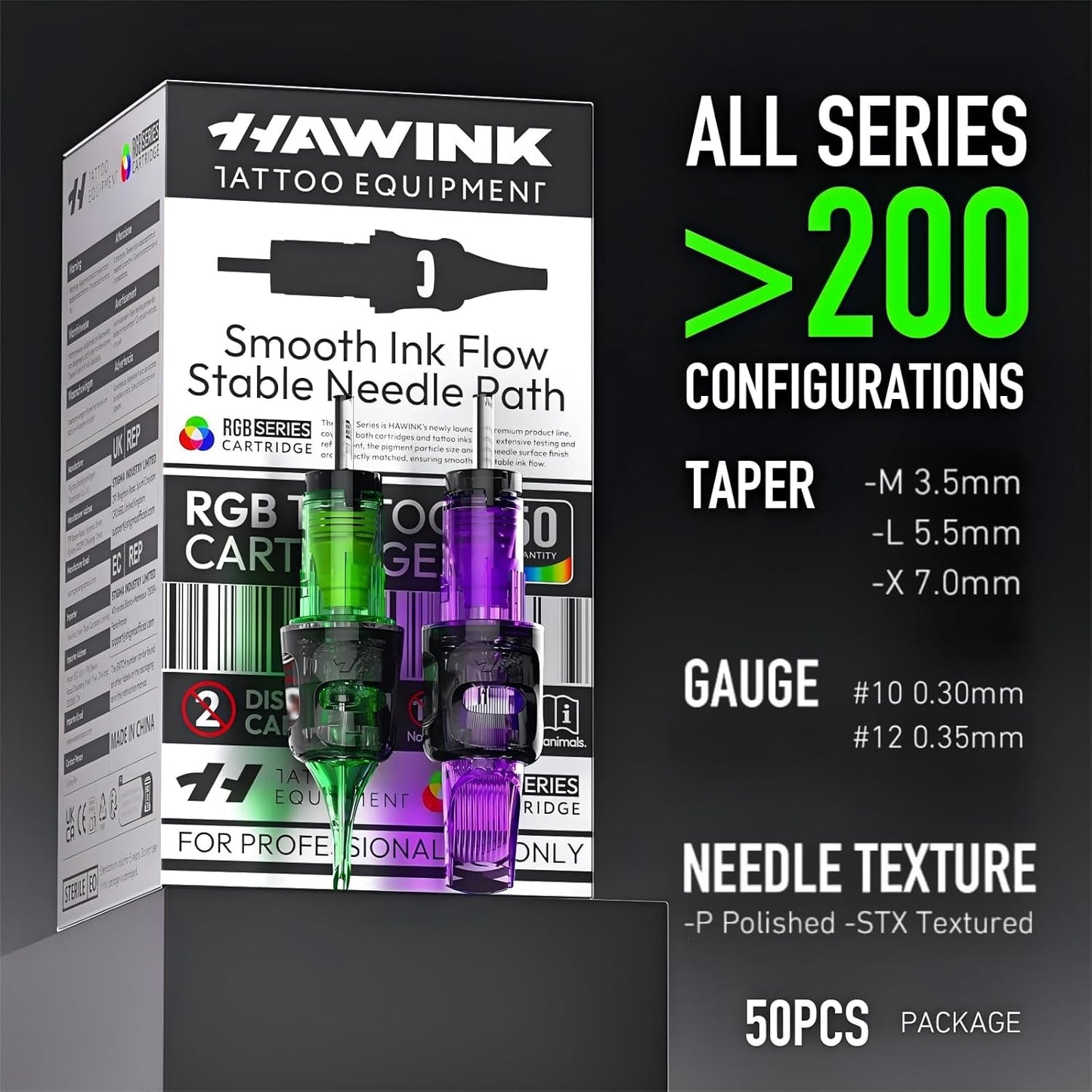 Set 50 ace de tatuat profesionale HAWINK unica folosinta #12 RGB rotunde Standard si Magnum 0, 35 mm, 6 tipuri modul ace 3RL, 5RL, 7RL, 7RM, 9RM, 15RM din otel inoxidabil, accesorii pentru incepatori si artisti EN20-FG-50KIT-U