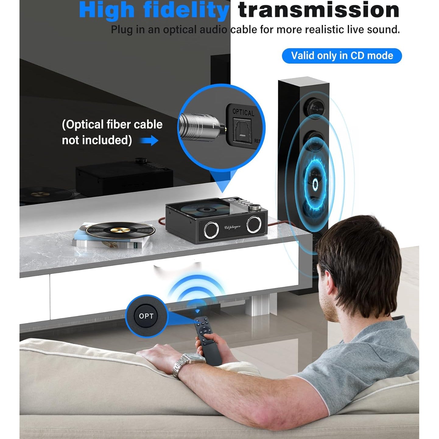 CD Player portabil cu Bluetooth 5.3, acumulator 4000 mAh, telecomanda, sunet HiFi, display LED, difuzor incorporat, cu Radio, USB, TF, AUX si port iesire optica, negru