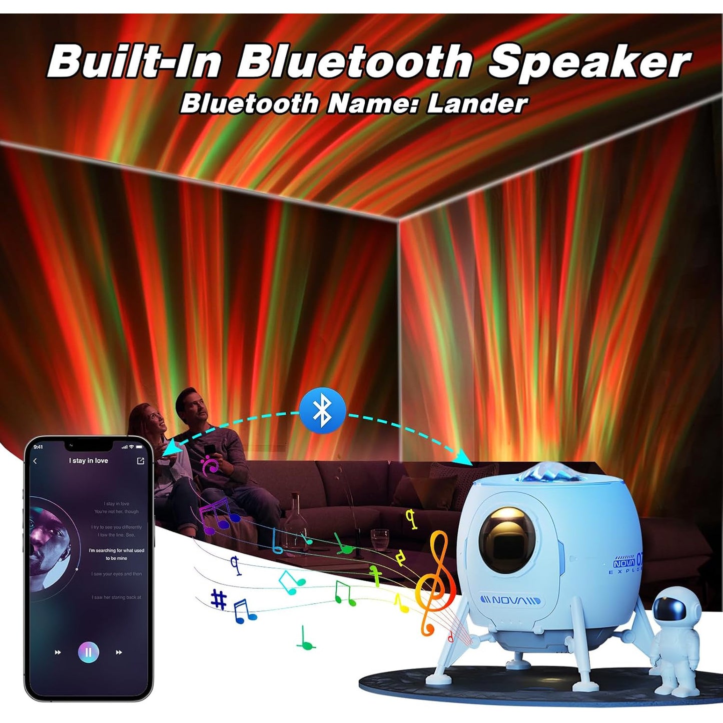 Proiector de stele astronaut cu functie lampa de veghe si difuzor Bluetooth, lumina de noapte cu sunete albe, telecomanda, temporizator, 5 niveluri luminozitate, multifunctional