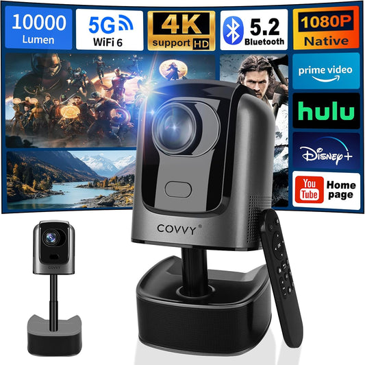 Videoproiector cu WiFi 6, Bluetooth, stand cu inaltime reglabila, Full HD 1080p, accepta 4K, 10000 lumeni, autofocus, corectie keystone, difuzor incorporat, pentru smartphone, tableta, consola, PC