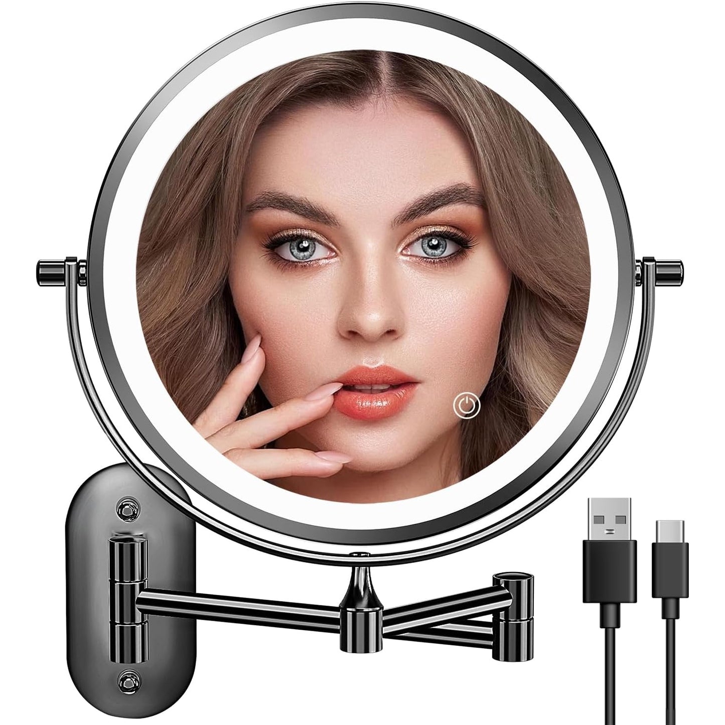 Oglinda cosmetica iluminata LED, marire 1X/20X, luminozitate reglabila, 3 moduri iluminare, reincarcabila, cu doua fete, buton tactil, rotativa 360°, neagra