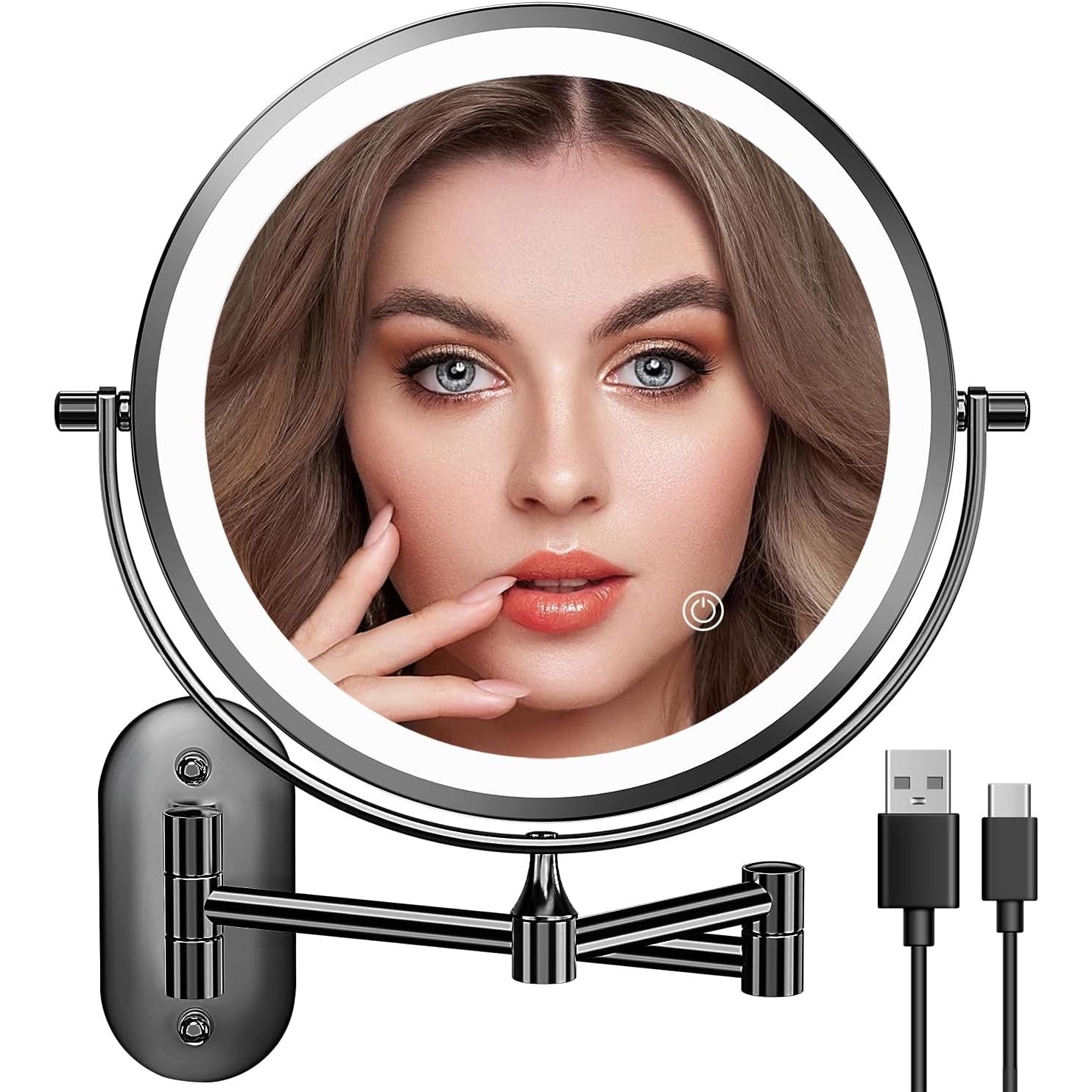 Oglinda cosmetica iluminata LED, marire 1X/20X, luminozitate reglabila, 3 moduri iluminare, reincarcabila, cu doua fete, buton tactil, rotativa 360°, neagra