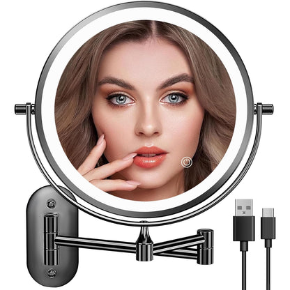 Oglinda cosmetica iluminata LED, marire 1X/20X, luminozitate reglabila, 3 moduri iluminare, reincarcabila, cu doua fete, buton tactil, rotativa 360°, neagra