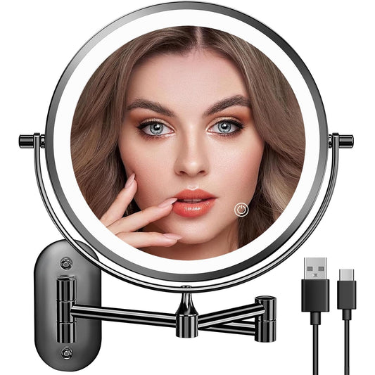 Oglinda cosmetica iluminata LED, marire 1X/20X, luminozitate reglabila, 3 moduri iluminare, reincarcabila, cu doua fete, buton tactil, rotativa 360°, neagra