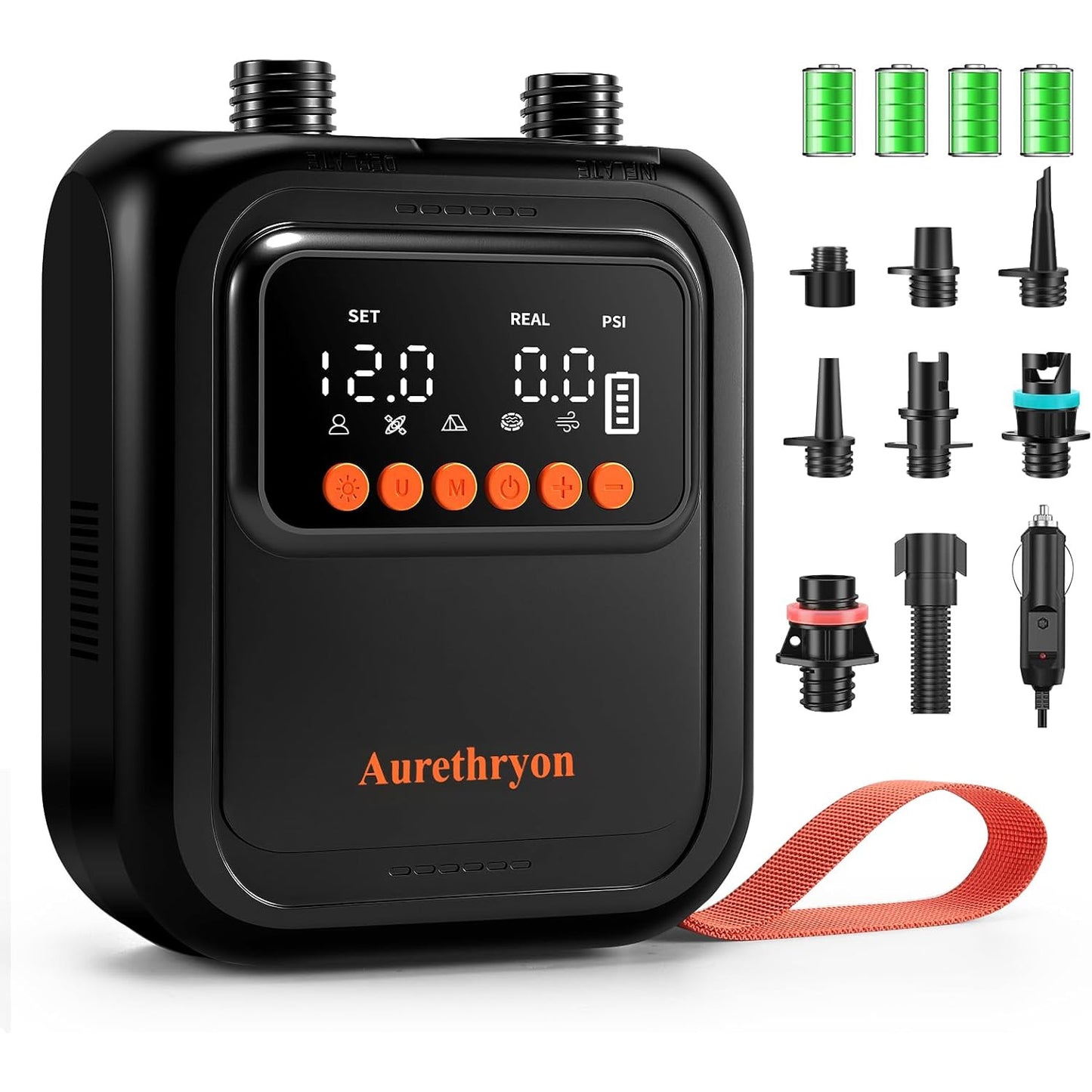 Pompa electrica portabila SUP Aurethryon, baterie 13500 mAh, presiune maxima 20 PSI, oprire automata, afisaj LED, lanterna integrata, alimentare 12V si USB-C, 7 duze incluse, negru