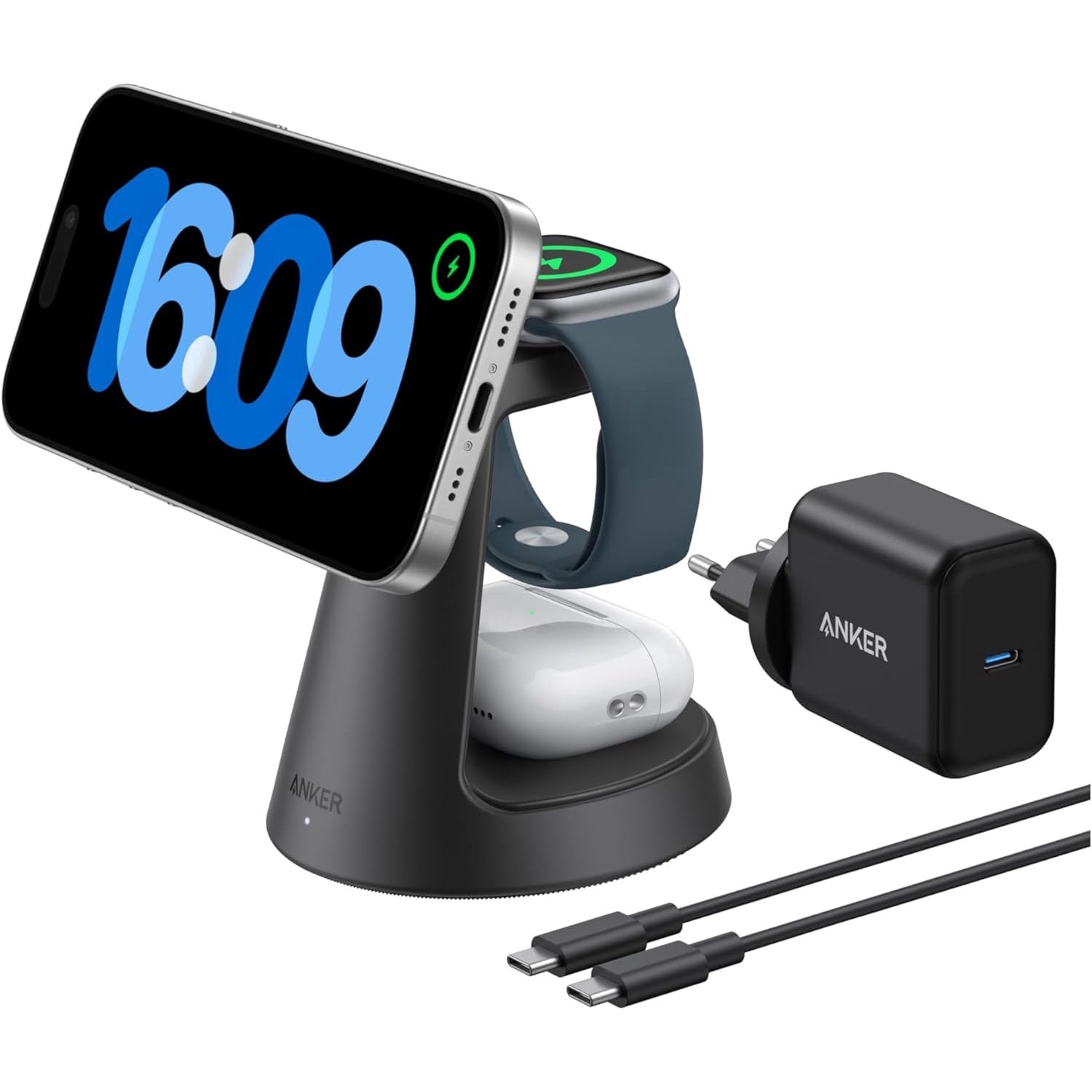 Incarcator wireless 3 in 1, QI2, incarcare rapida 15 W, prindere magnetica cu unghi ajustabil, compatibil iPhone 16/15/14/13/12, Apple Watch, AirPods Pro
