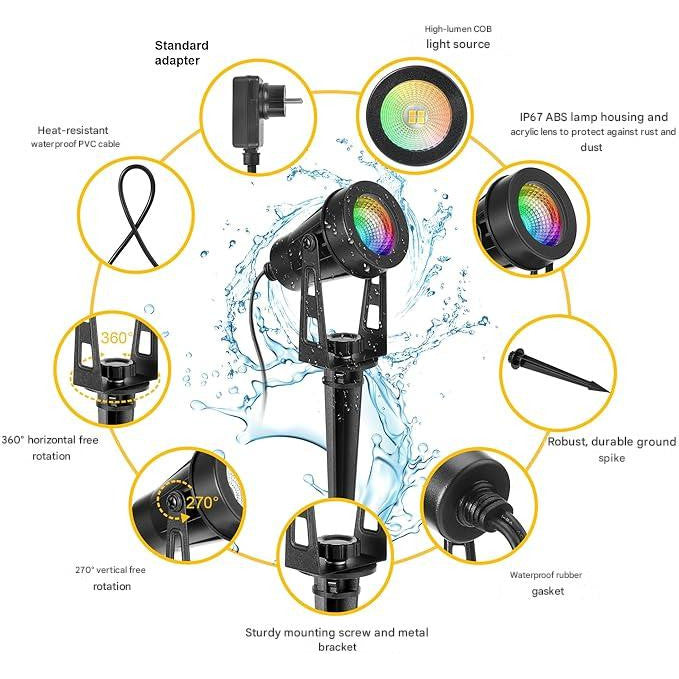 Set 6 lampi pentru gradina, RGB LED, 12 V, 18 W, 1200 lm, proiector cu telecomanda, impermeabil IP65, Iluminat exterior pentru gradina, curte, petrecere, copaci, cu tarus si cablu de 20 m