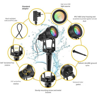 Set 6 lampi pentru gradina, RGB LED, 12 V, 18 W, 1200 lm, proiector cu telecomanda, impermeabil IP65, Iluminat exterior pentru gradina, curte, petrecere, copaci, cu tarus si cablu de 20 m