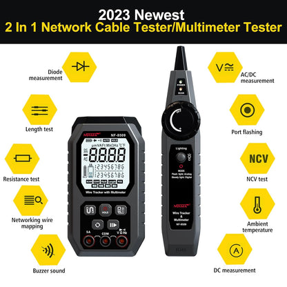 Tester cablu de retea si multimetru 2 in 1, cu PoE si NCV, Port Flash, test de lungime TDR, masurare tensiune AC/DC, curent AC/DC, rezistenta, continuitate, dioda, cu incarcare USB-C si display LCD