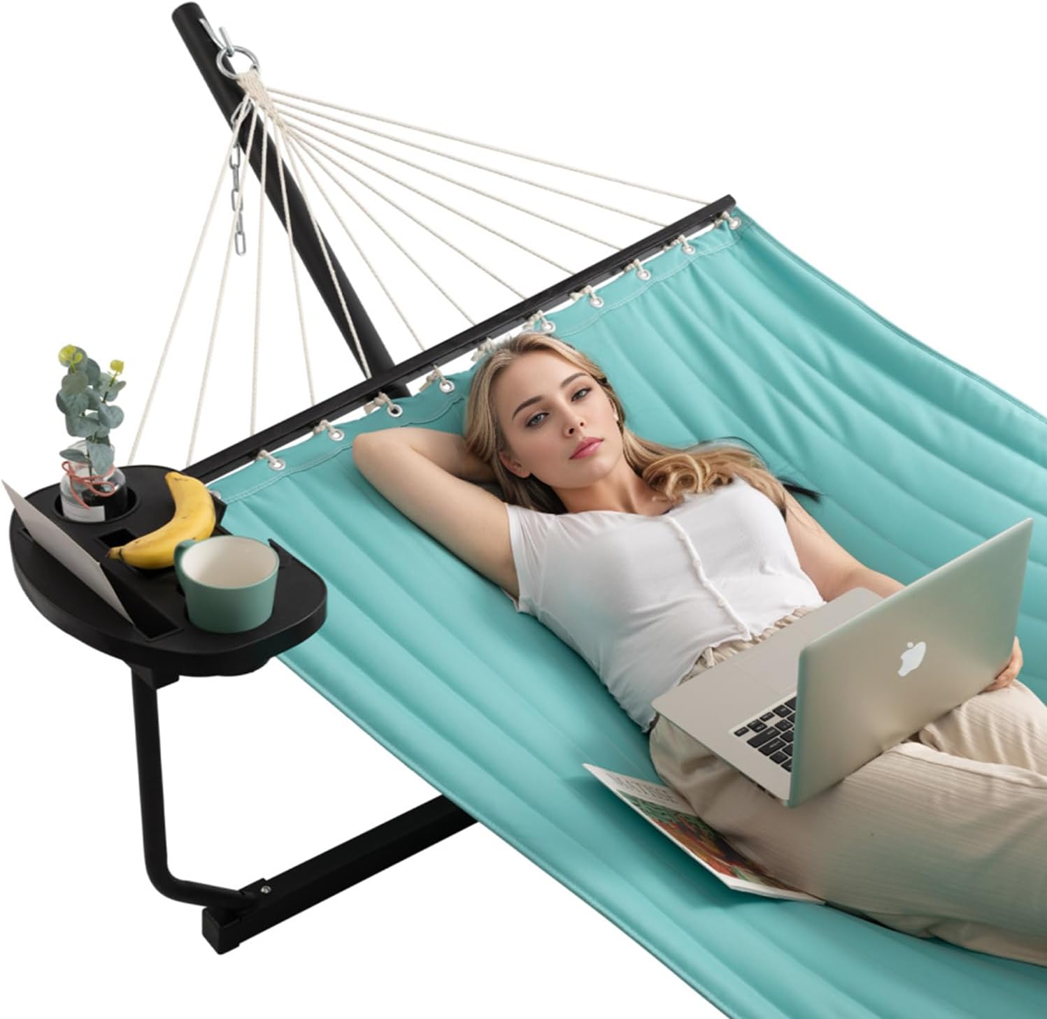 Hamac cu suport metalic, cadru din otel, din bumbac, 350 x 120x 74 cm, ajustabil, cu tavita si perna, greutate suportata 136 kg, usor de asamblat, pentru adulti si copii