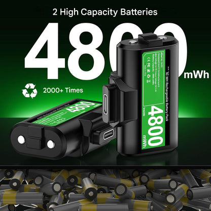 Set 2 acumulatori Xbox Ni-MH 4800mWh HELLCOOL + cablu USB-C incarcare, compatibili Xbox Series X/S, Xbox One S/X/Elite, baterii reincarcabile, 2000 cicluri, incarcare in timpul jocului