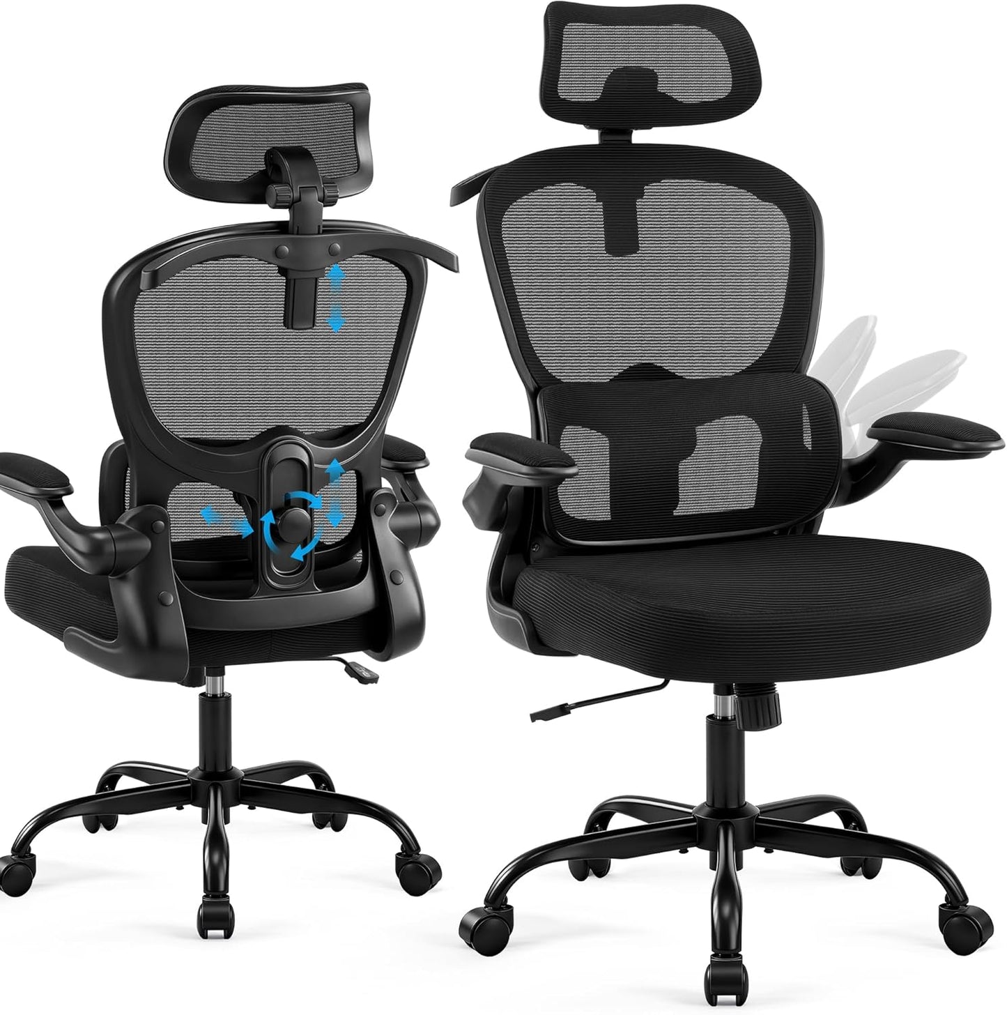 Scaun de birou ergonomic Coscendo, cu tetiera 3D reglabila si suport lombar, inclinare 90°–120°, cotiere rabatabile 90°, reglabil pe inaltime, rotativ cu roti silentioase, sarcina maxima 130 kg, negru