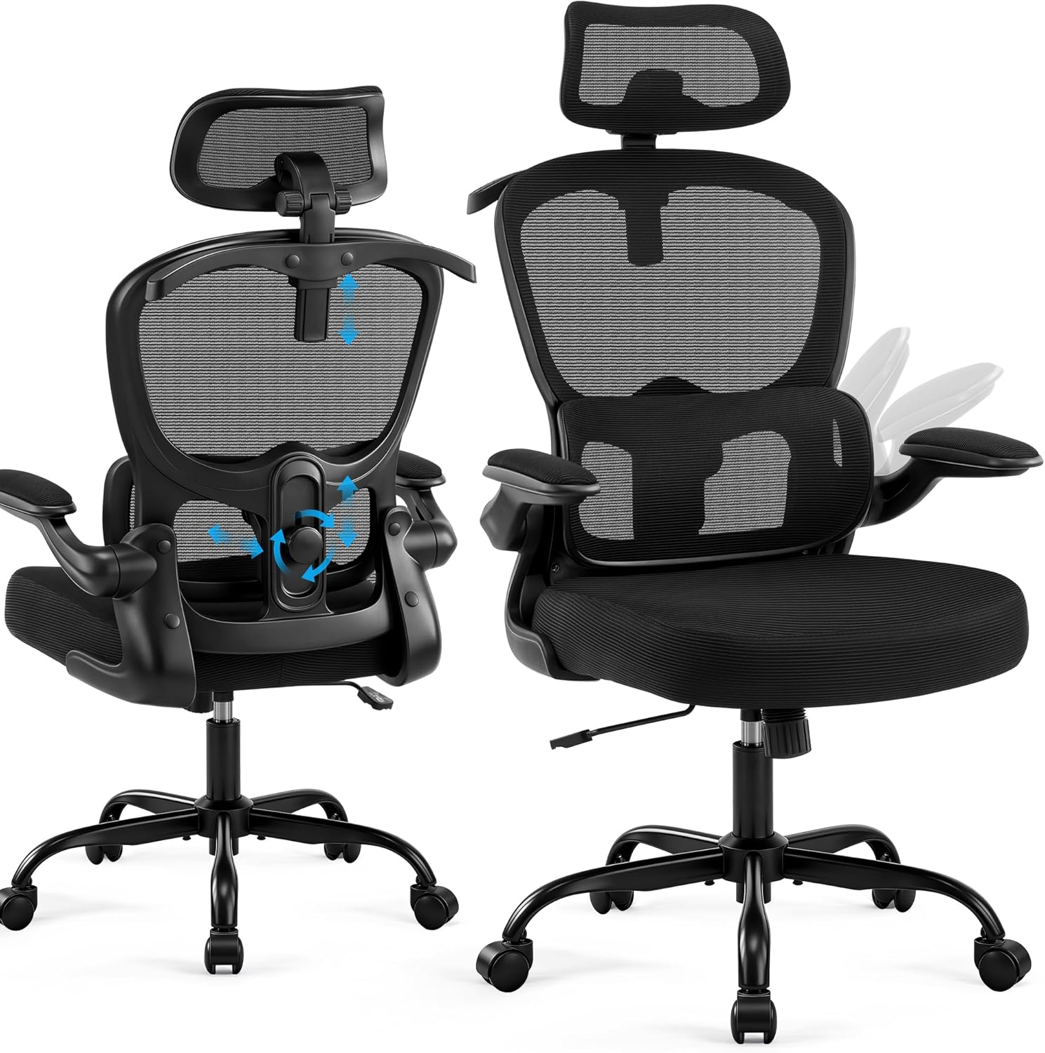 Scaun de birou ergonomic Coscendo, cu tetiera 3D reglabila si suport lombar, inclinare 90°–120°, cotiere rabatabile 90°, reglabil pe inaltime, rotativ cu roti silentioase, sarcina maxima 130 kg, negru
