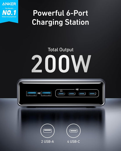 Statie de incarcare 200 W GaN, incarcator retea cu incarcare rapida PD, 4 porturi USB-C si 2 porturi USB-A, protectie la temperatura ridicata, supracurent, scurtcircuit, gri