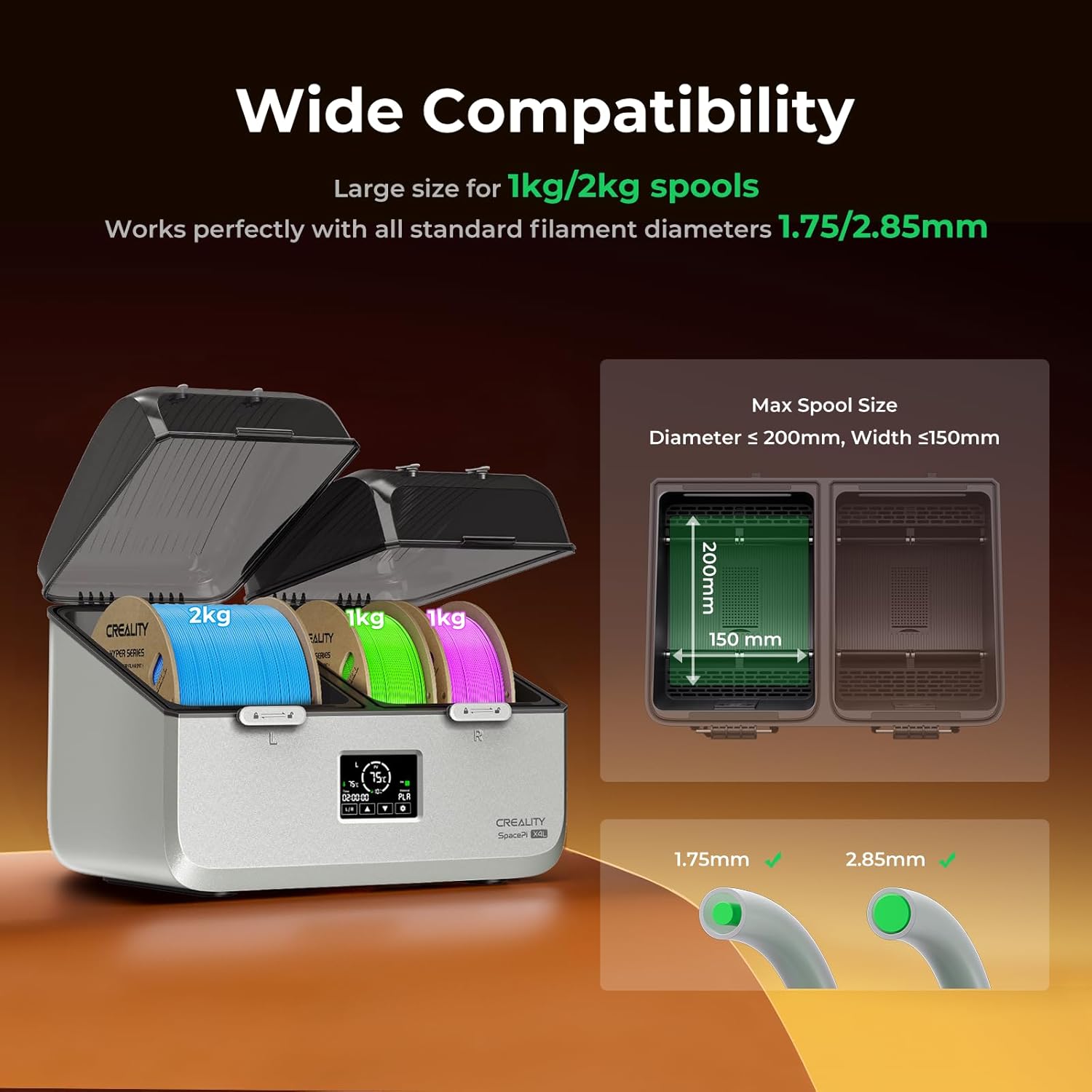Uscator de filamente 3D Creality SpacePi X4L pentru 4 bobine, 2 camere de incalzire independente, temperatura reglabila pana la 75°C, ecran LCD touchscreen, control temperatura si umiditate, compatibil PLA PETG ABS TPU PA, cutie uscare filament