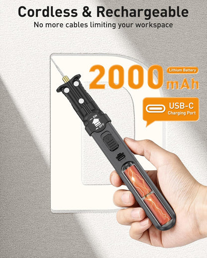 Aparat de taiat polistiren wireless, cutter cu fir cald, lumina LED, reincarcabil, 3 capete diferite, 550°C, acumulator 2000 mAh, pentru taiat si gravat polistiren, spuma, placi KT, EVA, EPP