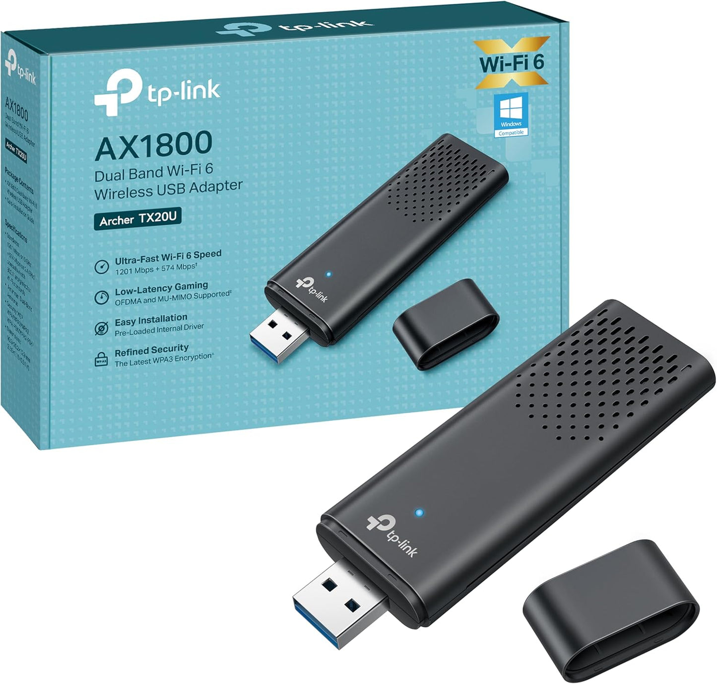 Adaptor wireless, WiFi 6 Dual Band, 1800 Mbs, cu USB 3.0, criptare WPA3, MIMO, OFDMA, doar pentru Windows 10, 11