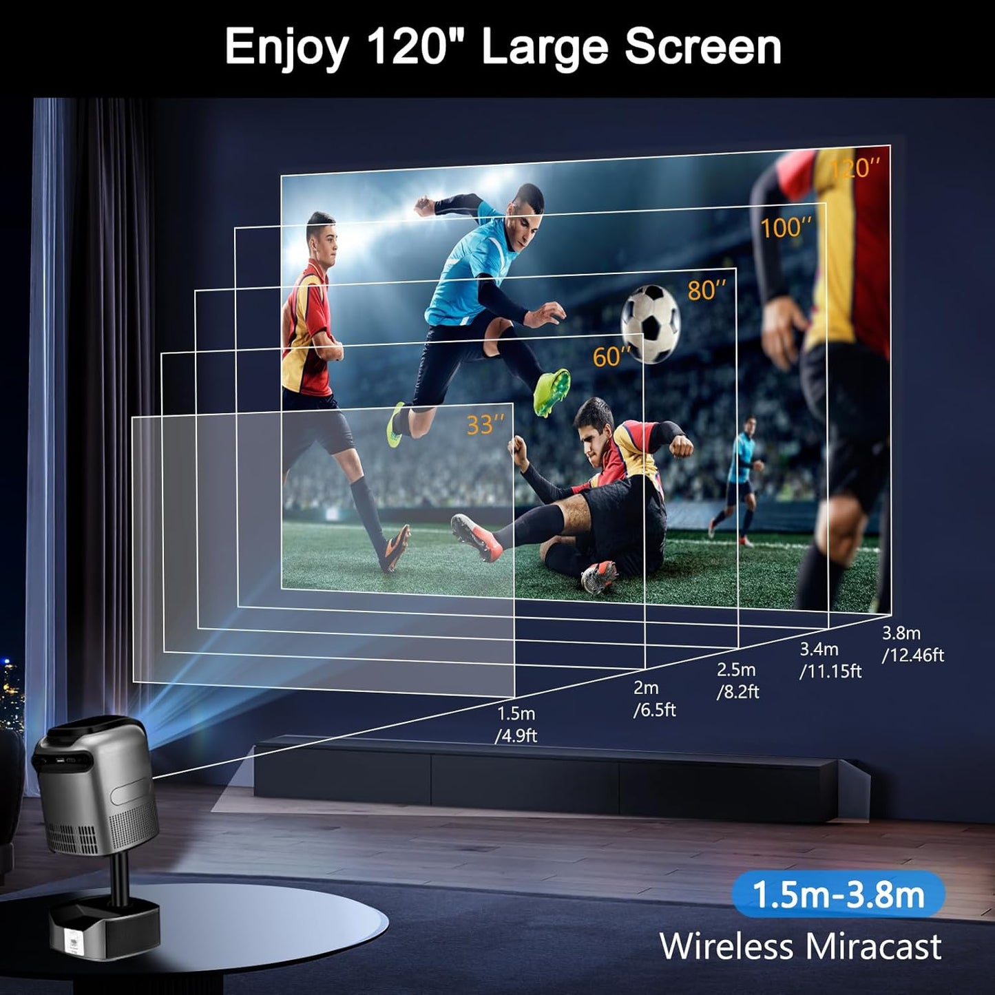 Videoproiector cu WiFi 6, Bluetooth, stand cu inaltime reglabila, Full HD 1080p, accepta 4K, 10000 lumeni, autofocus, corectie keystone, difuzor incorporat, pentru smartphone, tableta, consola, PC