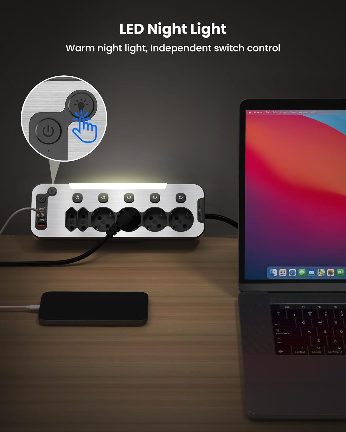 Prelungitor pentru perete/colt cu 6 prize cu intrerupator, 2 x USB-C cu incarcare PD 20W, 1 x USB-A QC 18W, lumina de noapte, cu prindere pentru birou si cablu de 2 m