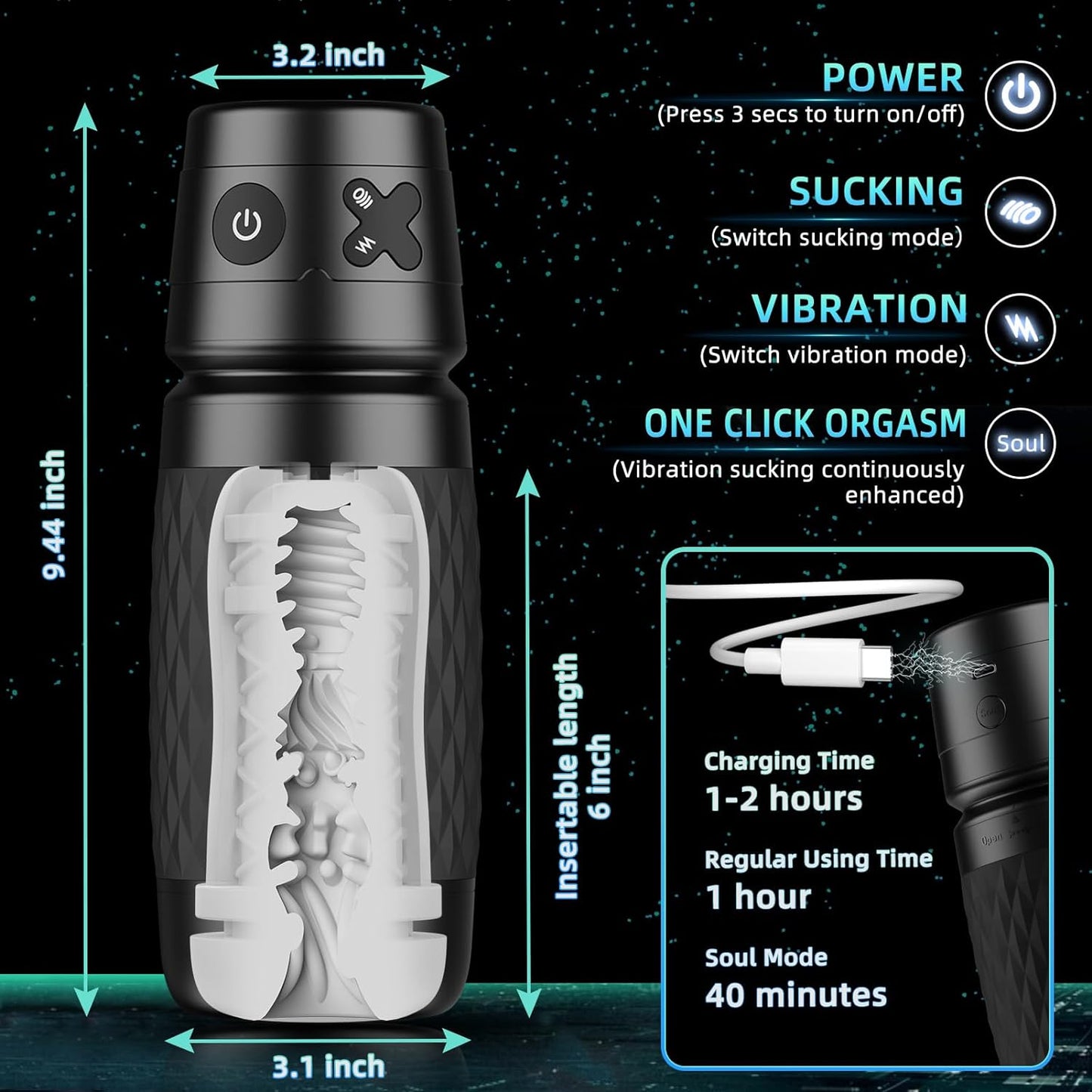 Masturbator 2 in 1 pompa cu vacuum pentru barbati cu 4 moduri vibratie si 3 moduri suctiune, cu insertie de silicon lavabila, portabil, negru