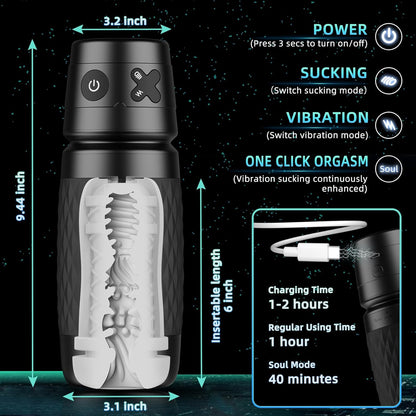 Masturbator 2 in 1 pompa cu vacuum pentru barbati cu 4 moduri vibratie si 3 moduri suctiune, cu insertie de silicon lavabila, portabil, negru