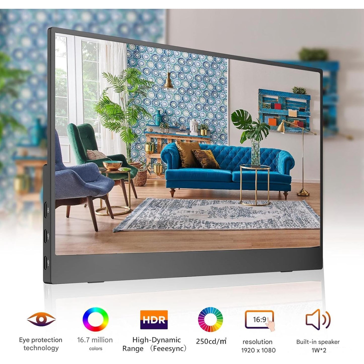 Monitor portabil 15.6 inch cu touchscreen, ecran IPS FullHD 1080P, HDR Dinamic, contrast 1000:1, 16, 7 milioane culori, cu port HDMI, USB-C si USB-A, pentru laptop, PC, smartphone Android, Mac
