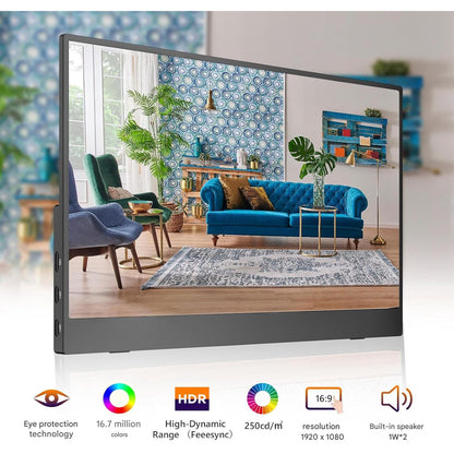 Monitor portabil 15.6 inch cu touchscreen, ecran IPS FullHD 1080P, HDR Dinamic, contrast 1000:1, 16, 7 milioane culori, cu port HDMI, USB-C si USB-A, pentru laptop, PC, smartphone Android, Mac