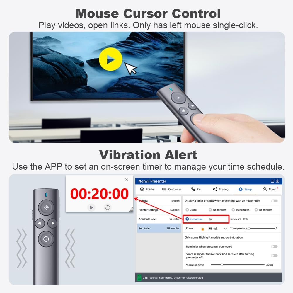 Presenter wireless, laser de prezentare cu functie Air Mouse, evidentiere si amplificare, raza de actiune 50 m, prezentare pe ecrane LED/LCD si de videoproiector, pentru Windows si macOS