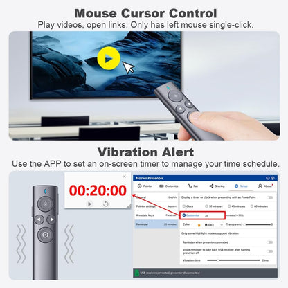 Presenter wireless, laser de prezentare cu functie Air Mouse, evidentiere si amplificare, raza de actiune 50 m, prezentare pe ecrane LED/LCD si de videoproiector, pentru Windows si macOS