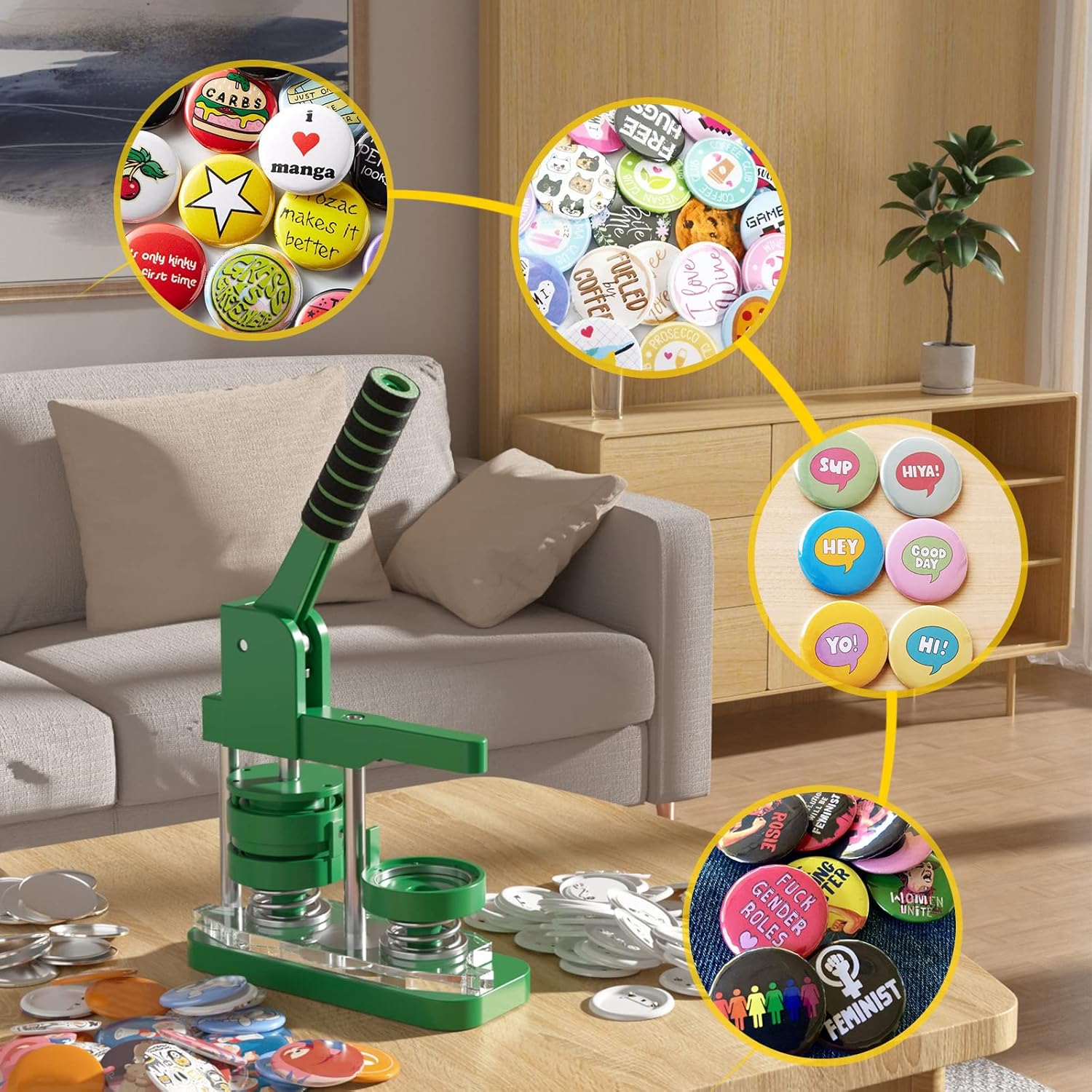 Set presa de facut insigne 25 mm, masina de fabricat butoane cu 100 accesorii si taietor rotund, matrita magnetica inlocuibila, maner ergonomic, din metal