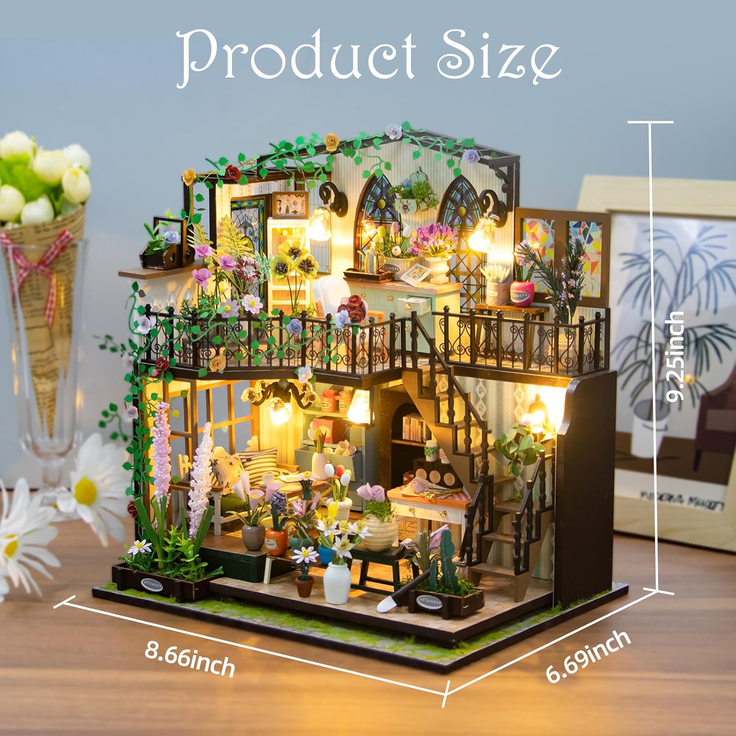 Puzzle 3D Book Nook DIY Garden House, casuta in miniatura cu lumini LED 22 x 17 x 23 cm, accesoriu decorativ