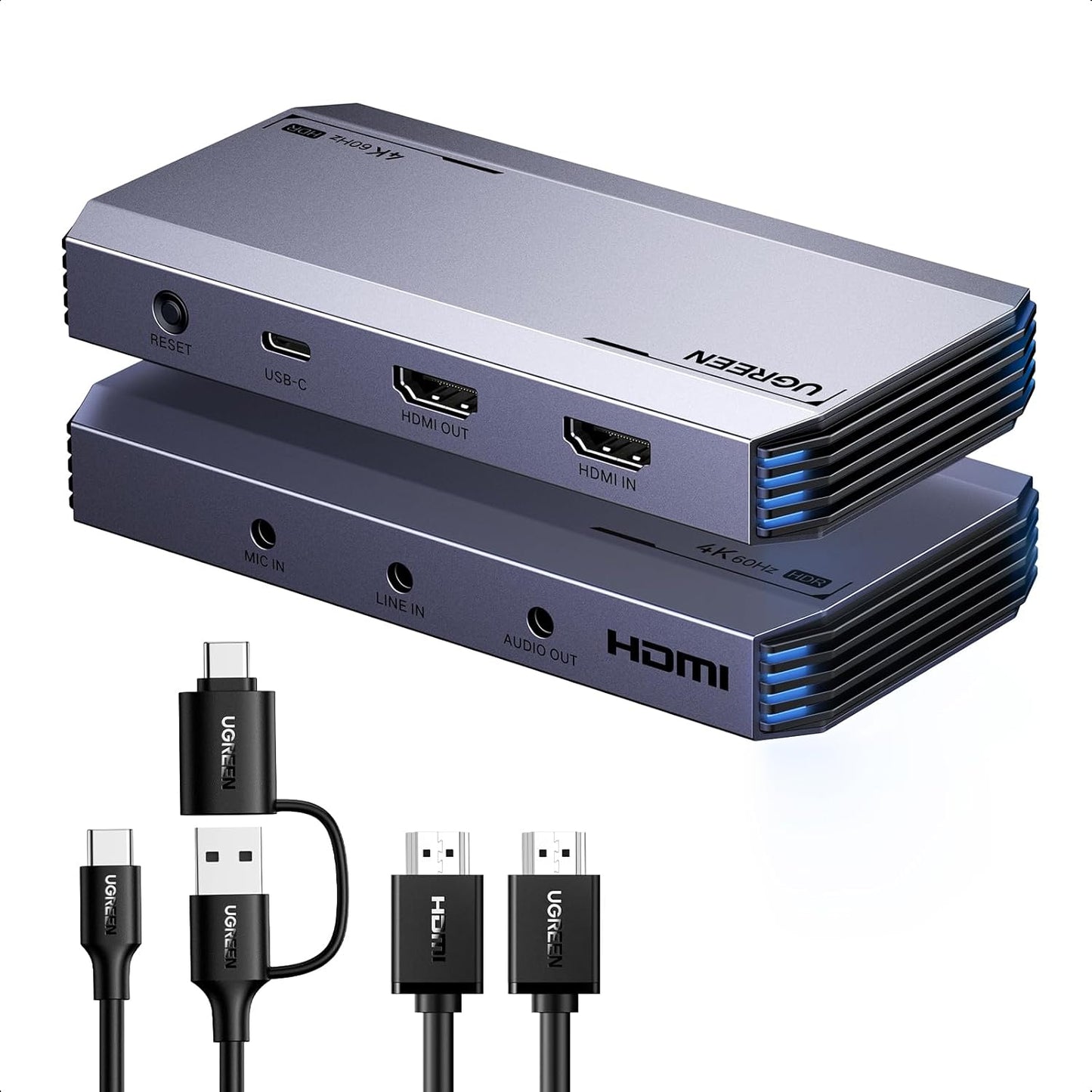 Placa de captura video HDMI 4K@60Hz, video grabber cu iesire in bucla, Output HDMI si USB-C, HDR si VRR, 3 x Jack 3.5 mm, plug & play, compatibil PC, MacBook, smartphone, iPad, laptop, consola, camera