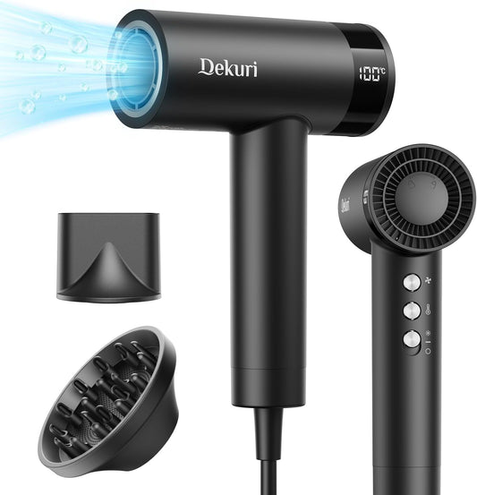 Uscator de par ionic profesional, de mare viteza 110.000 RPM, cu display, 2 duze, difuzor si concentrator aer cu prindere magnetica, zgomot redus, 3 viteze, 4 trepte temperatura, negru