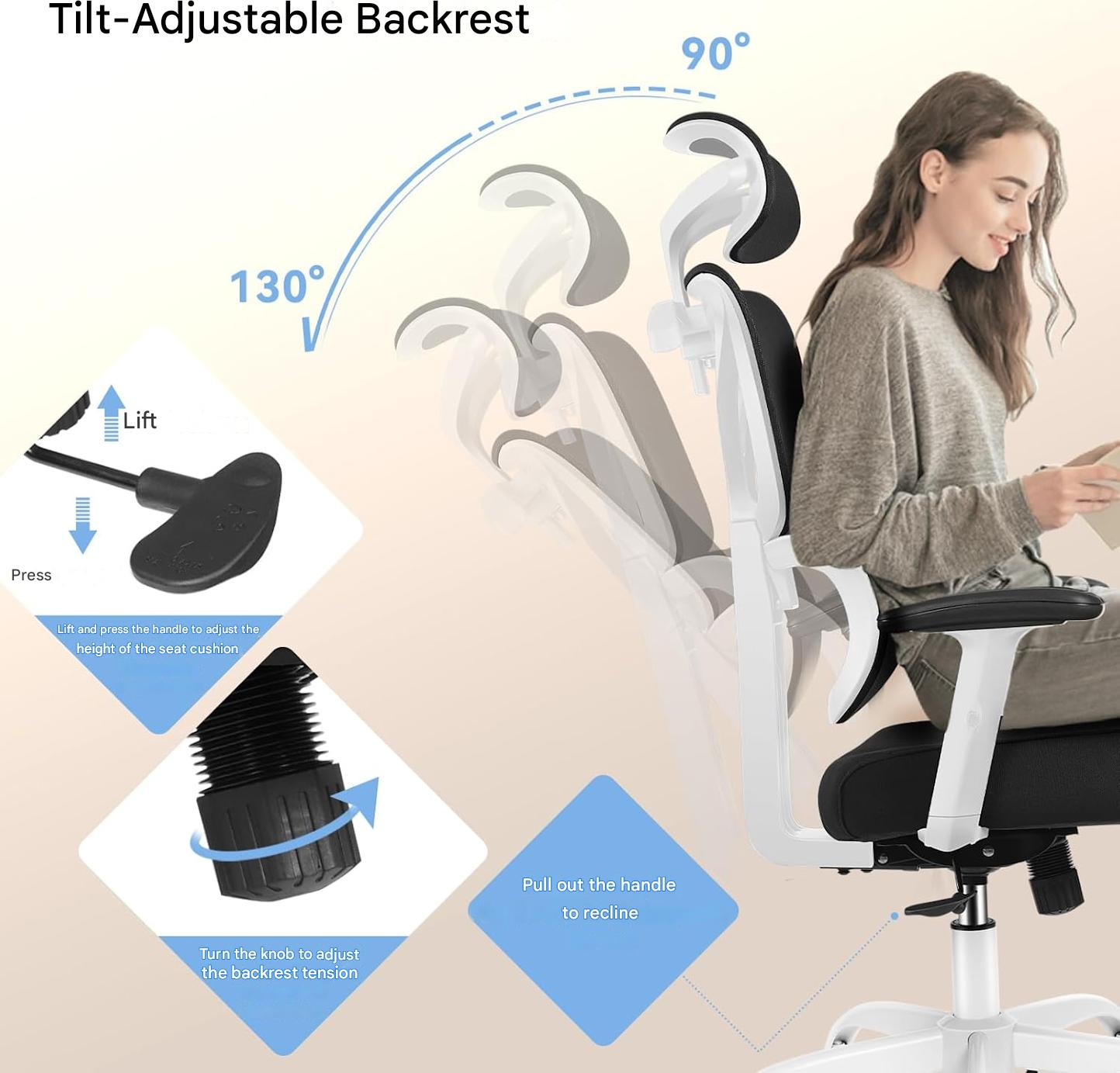 Scaun de birou ergonomic 50cm x 44cm x 128 cm, mecanism tilt, inaltime reglabila, rotativ 360°, tetiera reglabila, suport lombar, cotiere 3D, spatar reglabil 90°/105°/130°, alb