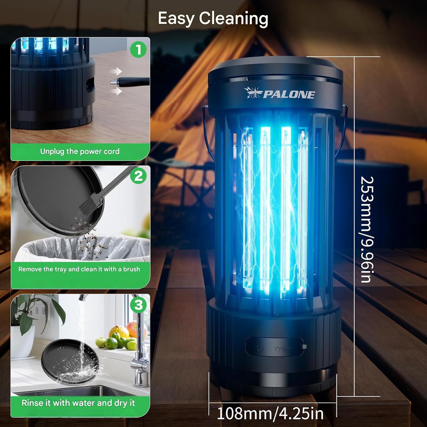 Lampa insecticid electric PALONE 4500V, baterie 4000 mAh, UV 365 nm, USB-C, extensibila cu LED reglabil, capcana anti-tantari 360°, utilizare interior si exterior, fara substante chimice