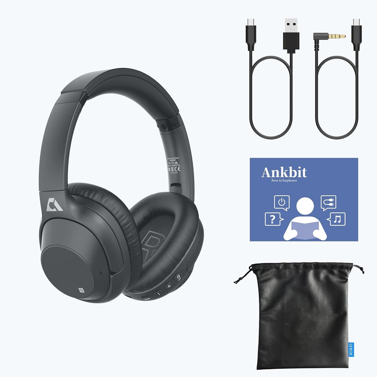 Casti wireless Over the Ear Bluetooth, Noise Cancelling ANC, sunet Hi-Fi, microfon, timp redare pana la 75 ore, Bass Music, negru