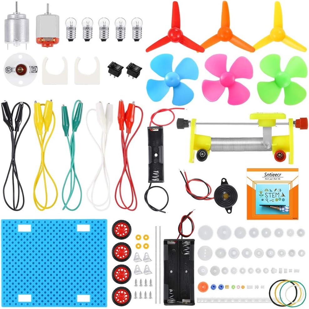 Set de 2 motoare STEM 1.5V - 3V, cu elice, becuri, sonerie, roti dintate, intrerupatoare, carcase cu suport baterie, cleme tip crocodil, tub termocontractil, pentru jucarii, experimente, pentru copii 14+