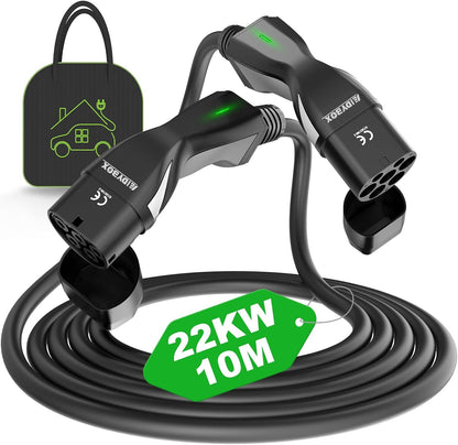 Cablu de incarcare EV pentru masini electrice, de 10 m, 22 kW 32 A, Trifazat, impermeabil IP 66, Type 2 la Type 2, EV/PHEV, cu geanta de depozitare si transport