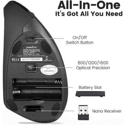 Mouse vertical wireless 2.4 GHz, mana stanga, design cu 6 butoane, 3 niveluri DPI, ergonomic, pentru stangaci