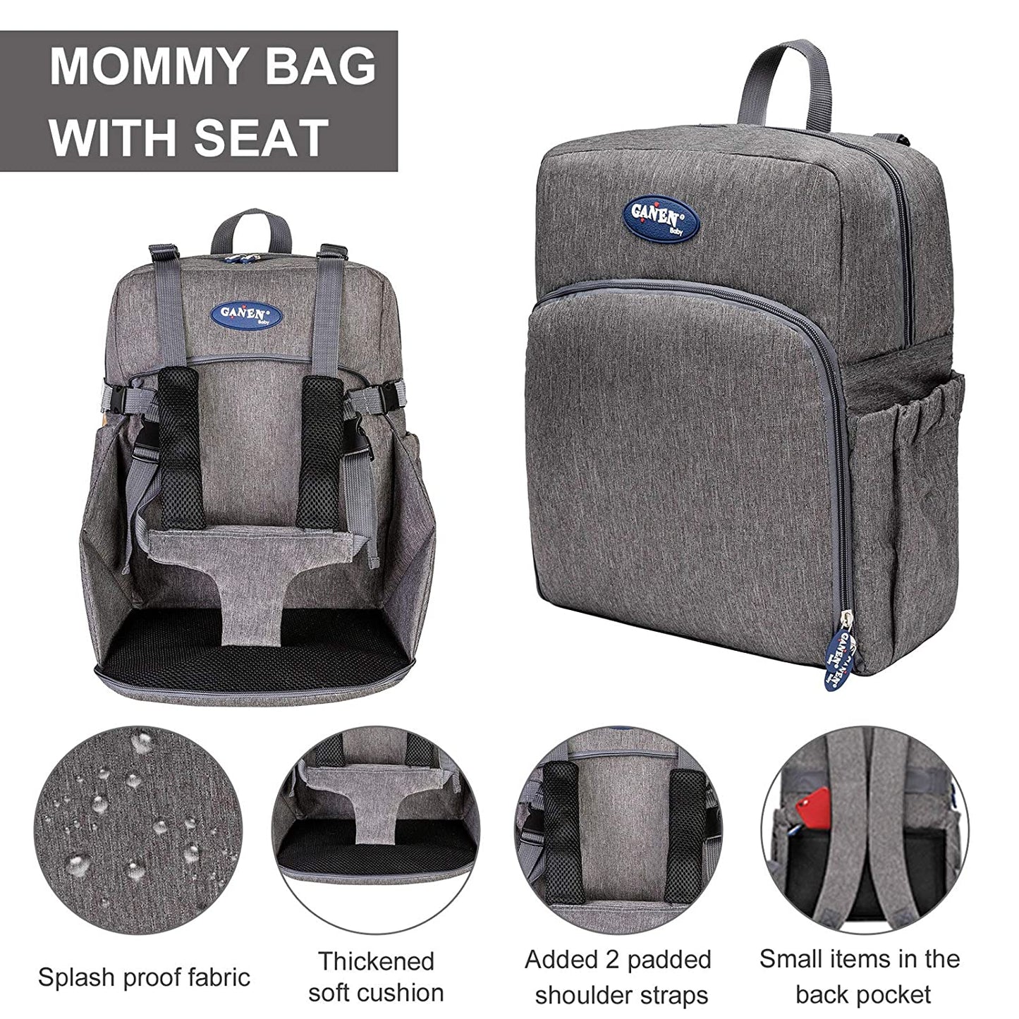 Geanta pentru schimburi, ghiozdan multifunctional cu scaunel port-bebe, de mare capacitate, rucsac de calatorie, Gri