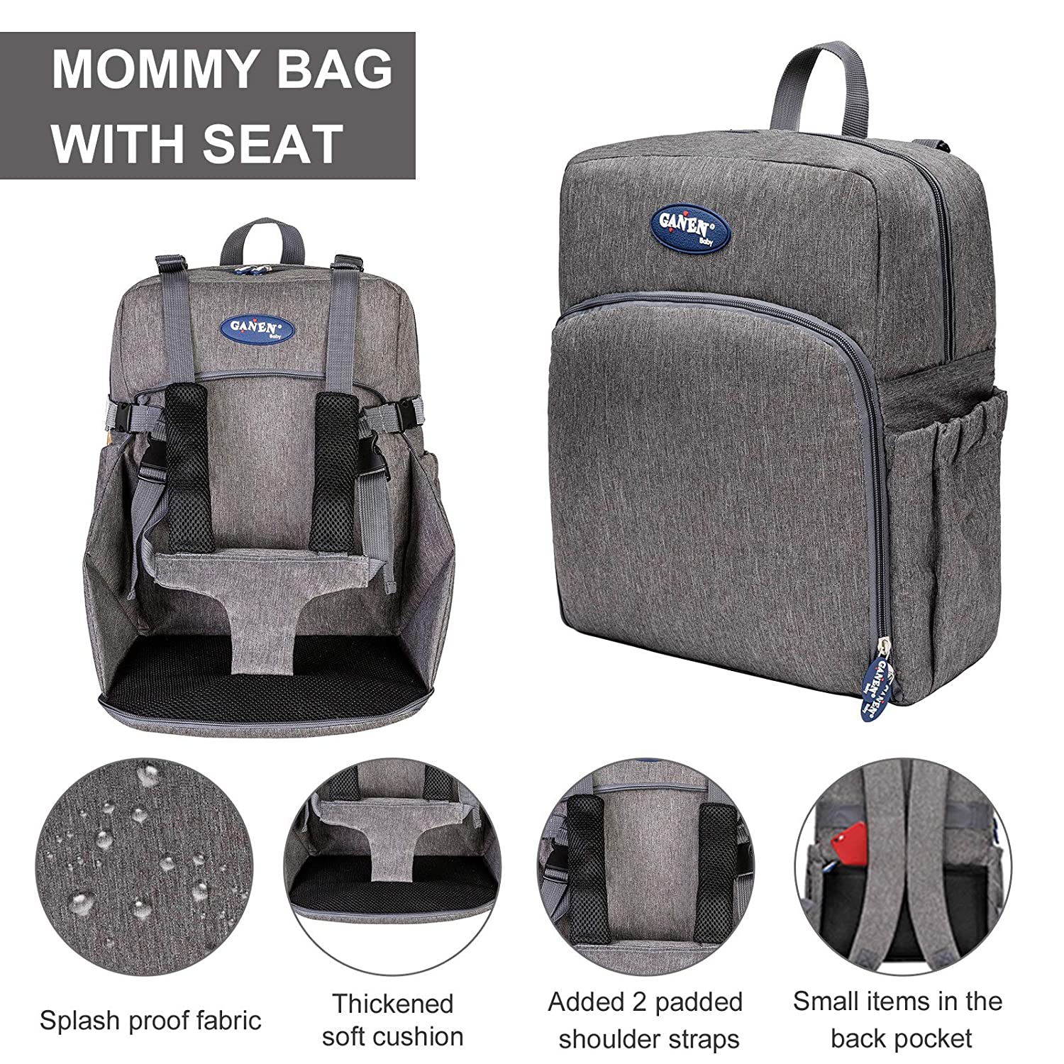 Geanta pentru schimburi, ghiozdan multifunctional cu scaunel port-bebe, de mare capacitate, rucsac de calatorie, Gri