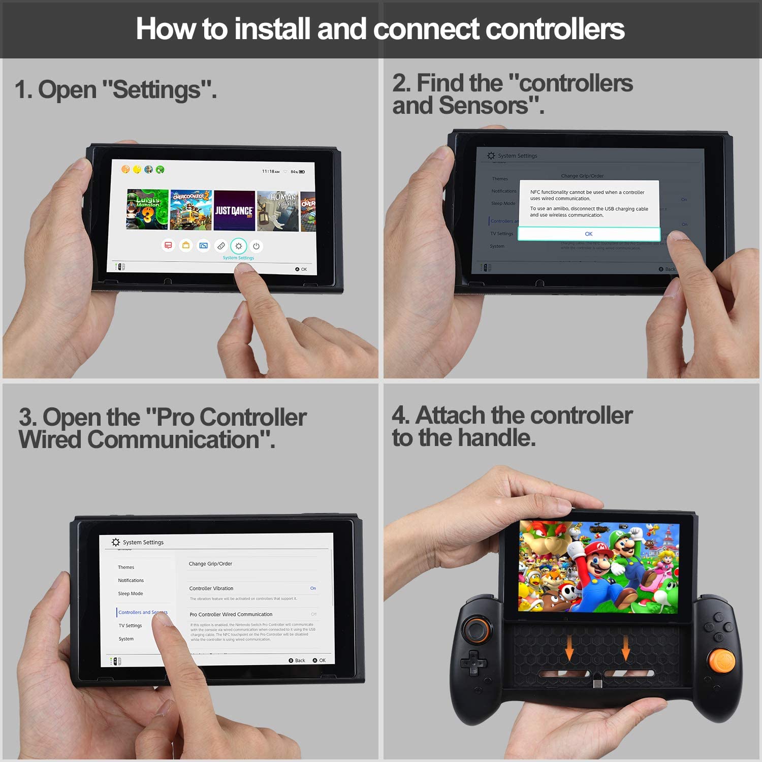 Controller pentru Nintendo Switch, model imbunatatit, ergonomic, cu vibratie dubla, 3 capace joystick diferite, giroscop cu 6 axe