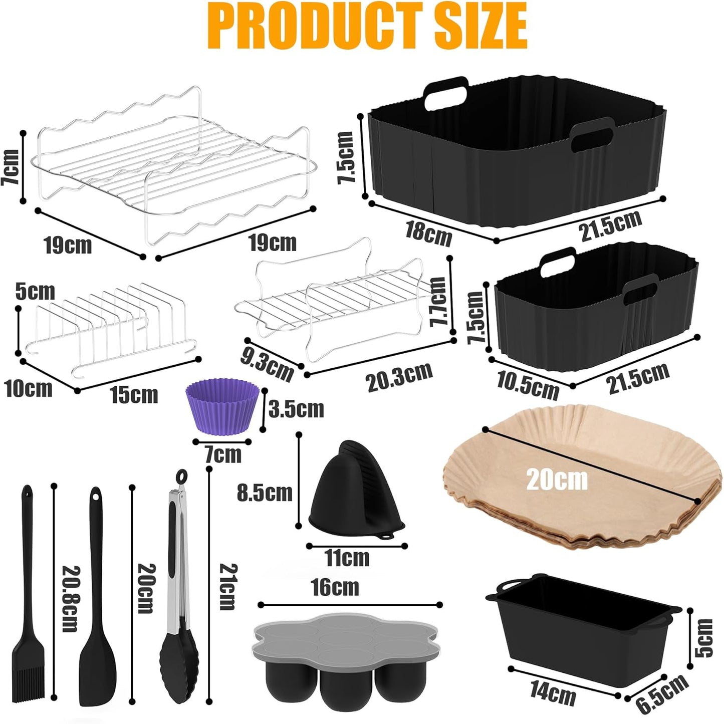 Set 19 accesorii pentru friteuza cu aer cald Tefal EY9018 Dual Easy Fry 5, 2/3, 1 L, cu tavi de silicon, gratare, clesti, forme de briose, tava de paine, multifunctionale